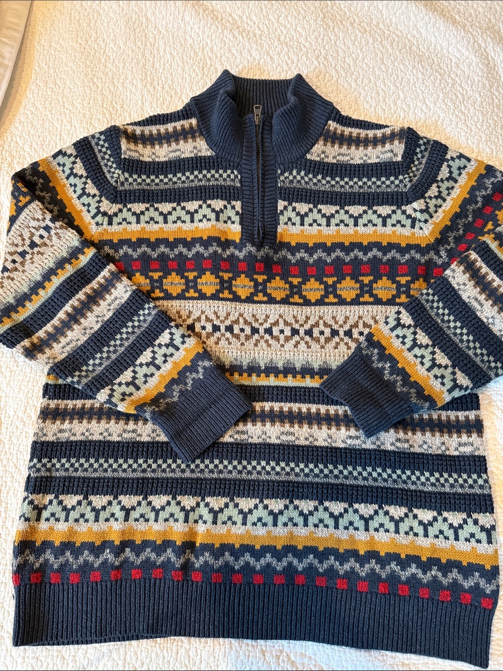 L.L. Bean Navy Fair Isle quarter-Zip Sweater made with 100% organic cotton